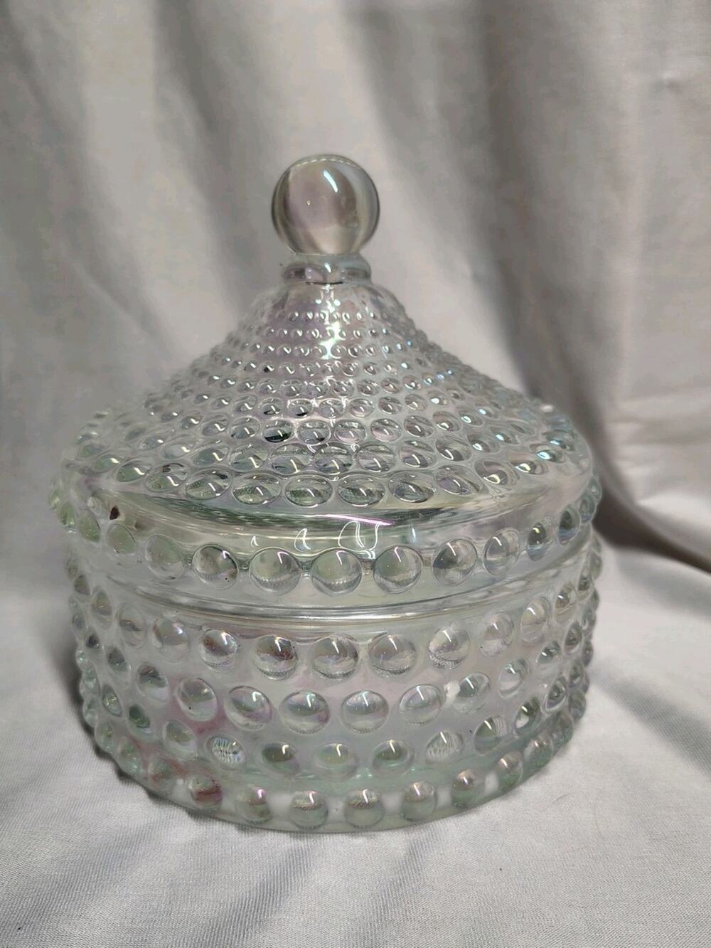 Vintage Clear Opalescent Glass Hobnail Heavy Candy or powder Jar Tent Style Lid